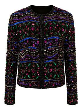 Vintage 80s Handmade Black Beaded Sequin Floral Evening Jacket Medium